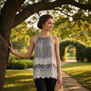 LOFT Outlet Gray & White Lace‑Trim Sleeveless Top – Size Medium